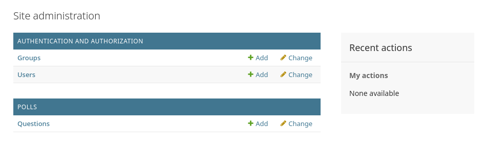 Página de inicio del admin de Django, ahora con encuestas mostradas
